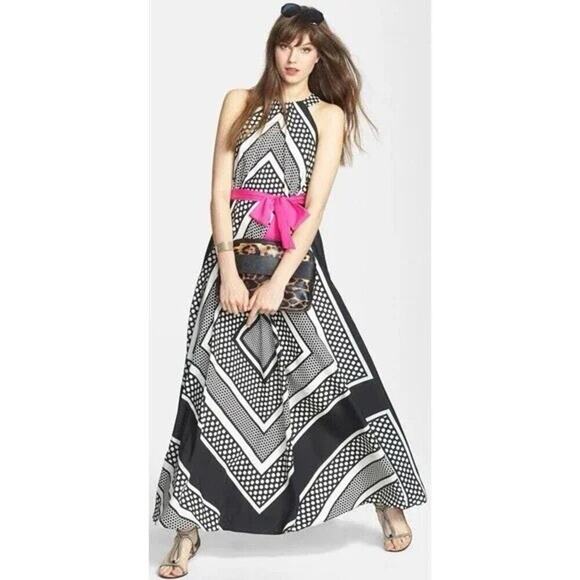 ELIZA J Halter Maxi Dress Scarf Print Belted Black White Dress Size 8 Luxury - Picture 1 of 12